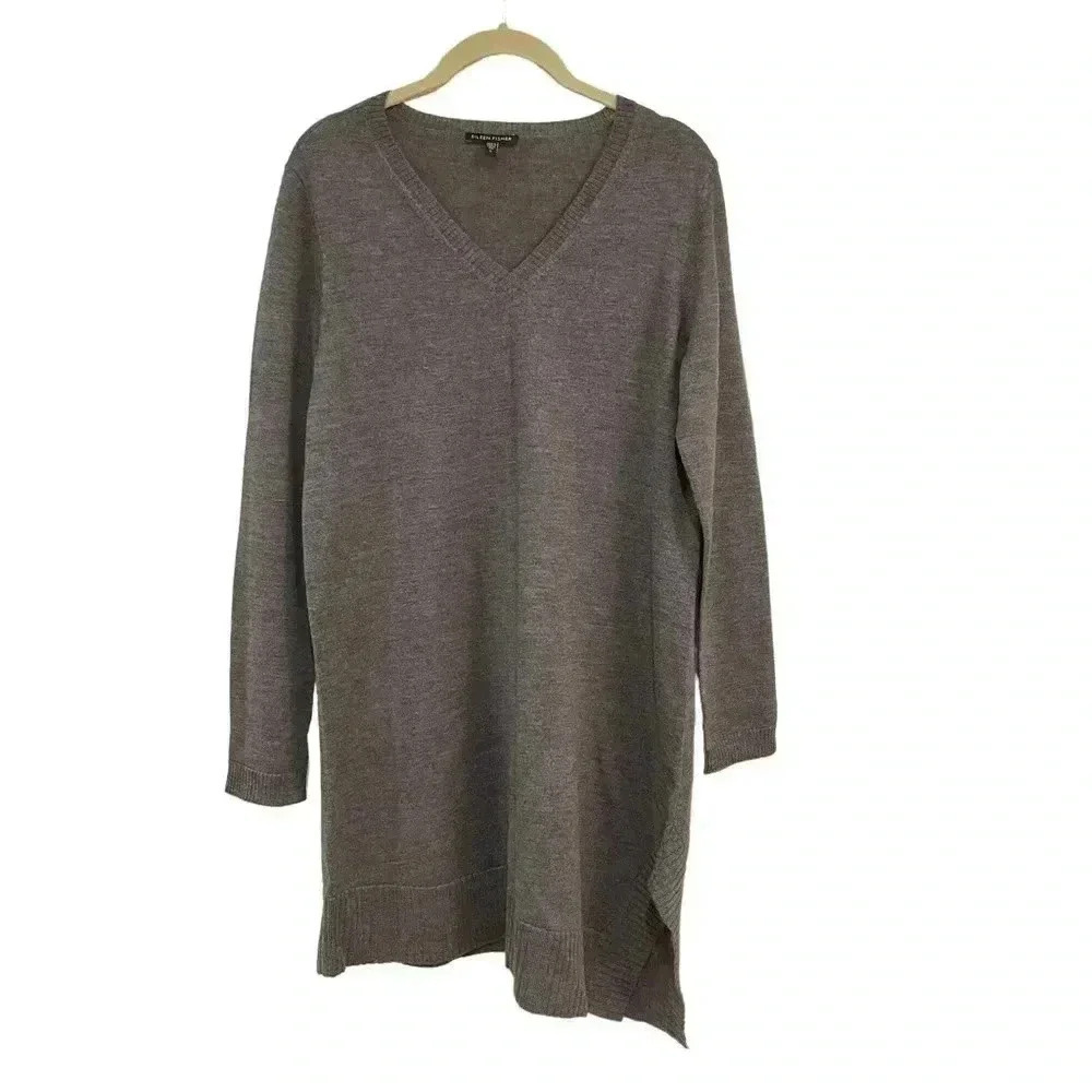 Eileen Fisher Grey Tunic Sweater Small Merino Wool Asymmetrical Hem V-Neck